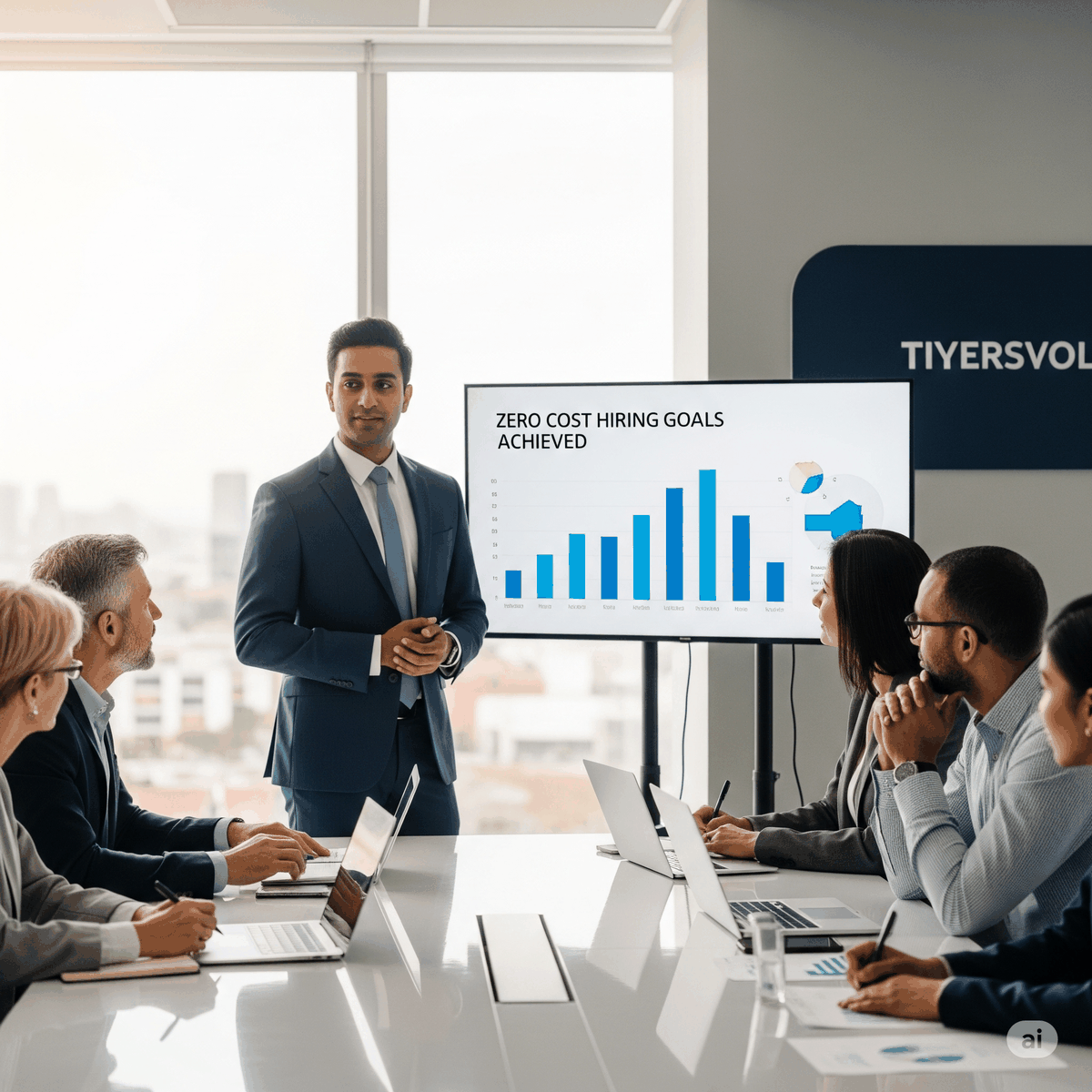 AI-generated zero cost hiring celebration in boardroom